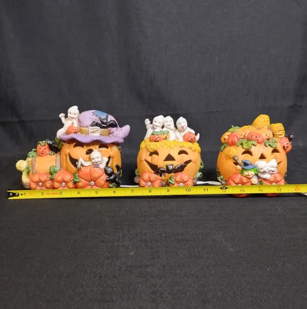 Vintage Ceramic Spooky Halloween Pumpkin Jack O Lantern Train String Lights